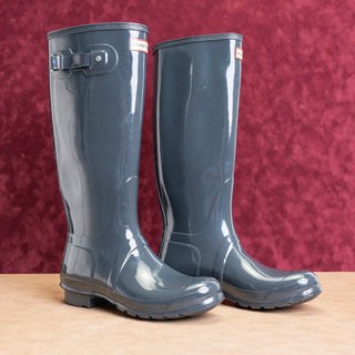 Hunter Women Original Tall Gloss Blue Granite Rain Rubber Wellies Boots sz 10