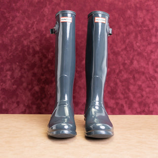Hunter Women Original Tall Gloss Blue Granite Rain Rubber Wellies Boots sz 10