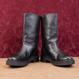 Vince Women Black Leather Mid Calf Moto Biker Slip-on Buckle Mid Boots sz 9.5