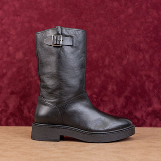 Vince Women Black Leather Mid Calf Moto Biker Slip-on Buckle Mid Boots sz 9.5