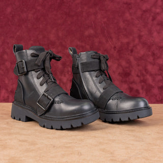 UGG Women Noe Moto Buckles Black Leather Strap Lace-up Combat Boots sz 6
