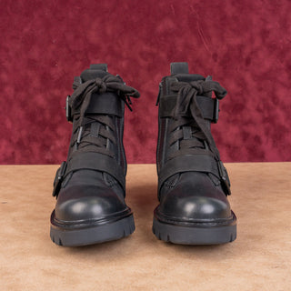 UGG Women Noe Moto Buckles Black Leather Strap Lace-up Combat Boots sz 6