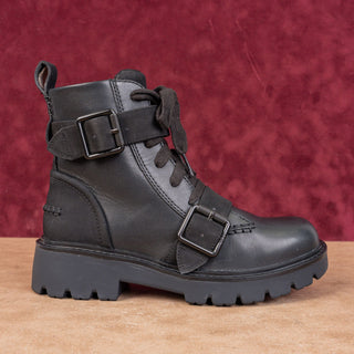 UGG Women Noe Moto Buckles Black Leather Strap Lace-up Combat Boots sz 6