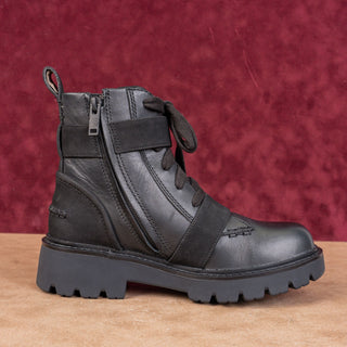 UGG Women Noe Moto Buckles Black Leather Strap Lace-up Combat Boots sz 6