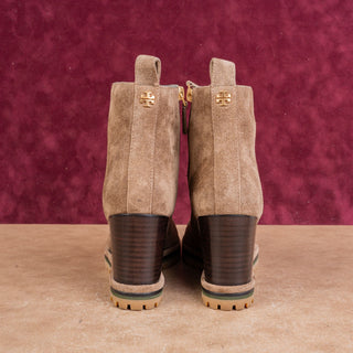 Tory Burch Women Brown Suede Zip Fashion Lug Round Wedge Ankle Boots sz 7.5