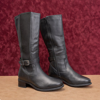 David Tate Women Black Leather Wide Calf Classic Riding Stretch Tall Boots 8.5