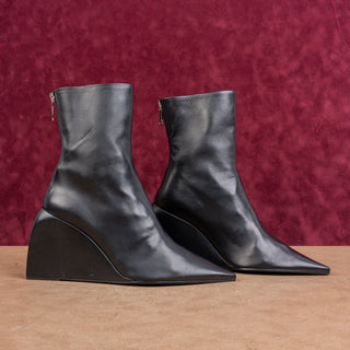 OFF-White Women Black Leather Pointy Toe back zip Wedge Fashion Boots 8US EUR 39