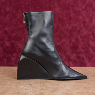 OFF-White Women Black Leather Pointy Toe back zip Wedge Fashion Boots 8US EUR 39