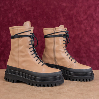 Paloma Barcelo Women Tan Leather Platform Festival Combat Lace Boots 8.5US EUR39