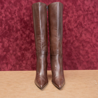 Stuart Weitzman Women Vintage Y2K Brown Leather Pointy Toe Zip Knee Boots sz 8