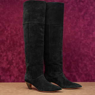 LABUCQ Women Black Suede Kitten OTK Pointy Toe Fashion Boots sz 6-6.5US EUR 37