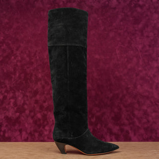 LABUCQ Women Black Suede Kitten OTK Pointy Toe Fashion Boots sz 6-6.5US EUR 37