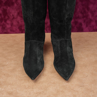 LABUCQ Women Black Suede Kitten OTK Pointy Toe Fashion Boots sz 6-6.5US EUR 37