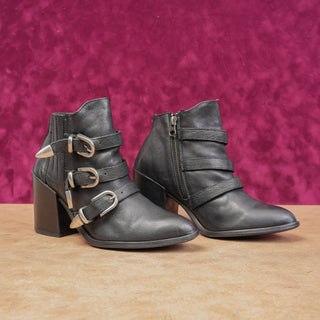 Baske California Wmn Grunge Buckle Goth Black Leather Ankle Boots sz 6.5