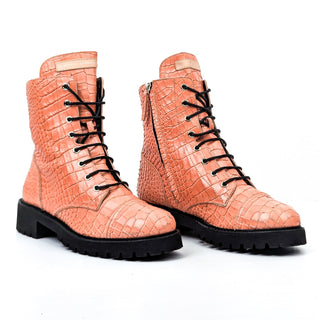 Giuseppe Zanotti Women Pink Salmon Croc Lace Leather Combat Boots 10.5US EUR 41