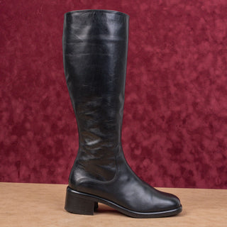 Browns Women Vintage 90s Black Leather Square Toe Zip Knee Boots sz 7US EUR37