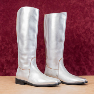 Khaite Women Wooster Metallic Silver Leather Riding Fashion Knee Boots 8US EUR38