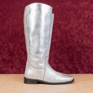 Khaite Women Wooster Metallic Silver Leather Riding Fashion Knee Boots 8US EUR38