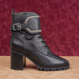 PAIGE Women Chunky Black Leather Moto Goth Chic Ankle Lace-up Zip Boots sz 7.5