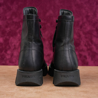 Prada Women Black Leather Lace-up Festival Party Chunky Combat Boots 6US EUR36