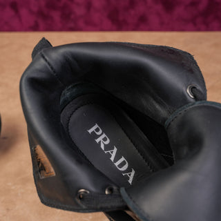 Prada Women Black Leather Lace-up Festival Party Chunky Combat Boots 6US EUR36