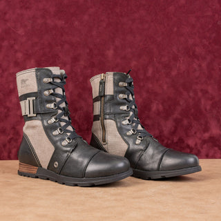 Sorel Women Carly Lace-up Zip Festival Black Leather Canvas Combat Boots sz 8.5