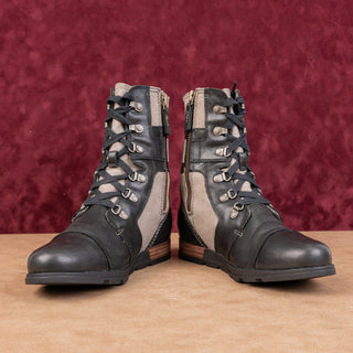 Sorel Women Carly Lace-up Zip Festival Black Leather Canvas Combat Boots sz 8.5