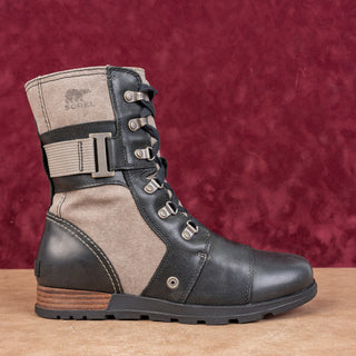 Sorel Women Carly Lace-up Zip Festival Black Leather Canvas Combat Boots sz 8.5