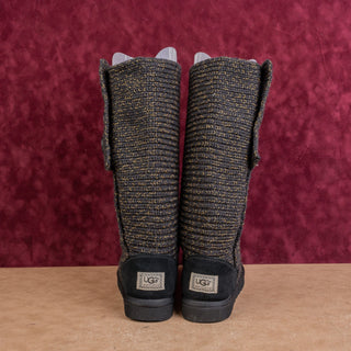 UGG Women Metallic Gold Black Sock Knit Fabric Cardy Fashion Tall Boots sz 10