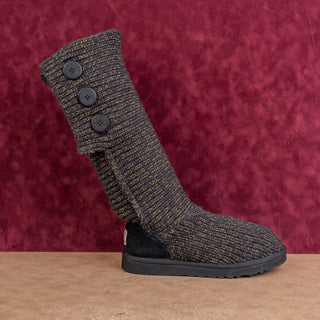 UGG Women Metallic Gold Black Sock Knit Fabric Cardy Fashion Tall Boots sz 10