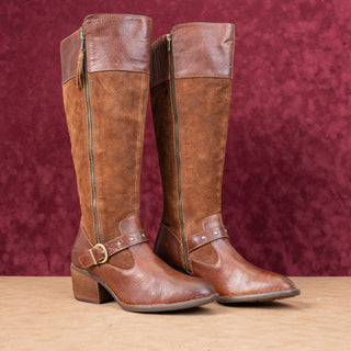 Born Women Alize Brown Leather Zip Wide Calf Strap Block Heel Knee Boots sz 10