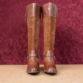 Born Women Alize Brown Leather Zip Wide Calf Strap Block Heel Knee Boots sz 10