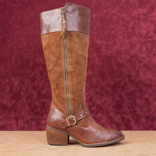 Born Women Alize Brown Leather Zip Wide Calf Strap Block Heel Knee Boots sz 10