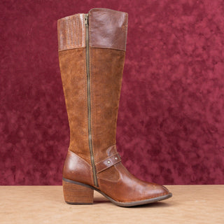 Born Women Alize Brown Leather Zip Wide Calf Strap Block Heel Knee Boots sz 10