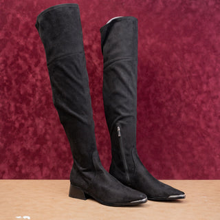 Marc Fisher Women Darwin Black Fabric Zip OTK Metal Pointy Toe Boots sz 8