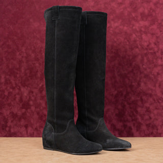 ZIGIny Women Black Suede Riding Slip-on Wedge Heel OTK Fashion Boots sz 7