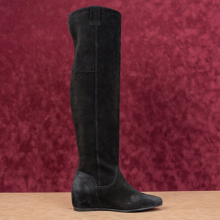 ZIGIny Women Black Suede Riding Slip-on Wedge Heel OTK Fashion Boots sz 7