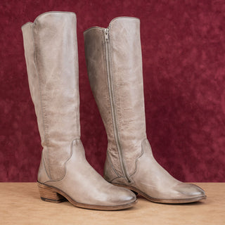 Frye Wmn Carson Piping Tall Western Cowboy Grey Leather Fashion Knee Boots sz 6