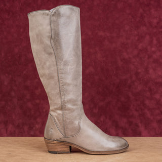 Frye Wmn Carson Piping Tall Western Cowboy Grey Leather Fashion Knee Boots sz 6