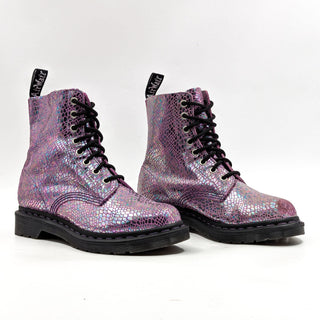 Dr Martens Women Pascal Pink Metallic Snake Print Lace up Combat Boots size 7