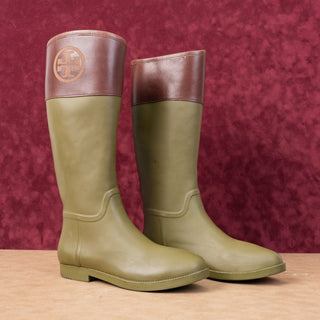 Tory Burch Wmn Festival T Logo Wellies Green Rubber Brown Leather Rain Boots 11