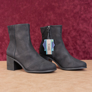 TOMS Women Evelyn Black Leather Heeled Zip Ankle Boots sz 9.5