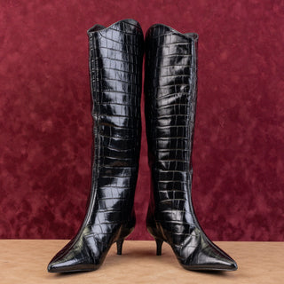 Schutz Women Maryann Black Leather Croc Print Slip-on Pointy Toe Knee Boots sz 7