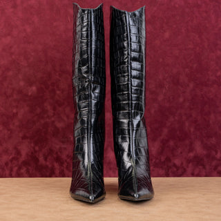 Schutz Women Maryann Black Leather Croc Print Slip-on Pointy Toe Knee Boots sz 7