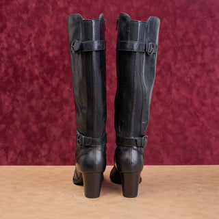 Born Women Vita Black Leather Moto Buckle Heeled Tall Boots size 7.5