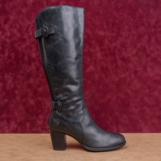 Born Women Vita Black Leather Moto Buckle Heeled Tall Boots size 7.5