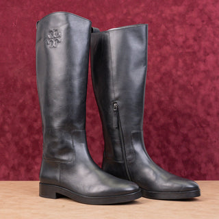 Tory Burch Women The Riding Black Leather Luxe T Logo Fashion Knee Boots sz 7.5