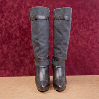 Ros Hommerson Vintage Y2K Brown Leather Grey Fabric Zip Wide Calf Boots sz 7.5