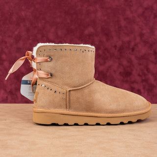 Baretraps Women Madyson Beige Suede Weatherproof Faux Fur Lace Snow Boots sz 11