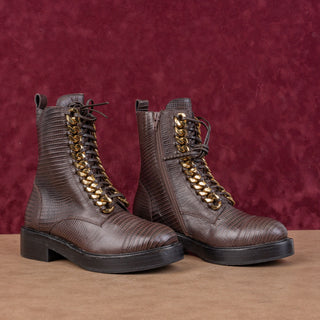 Jeffrey Campbell Wmn Damon Croc Print Brown Leather Lace Up Ankle Combat Boots 7